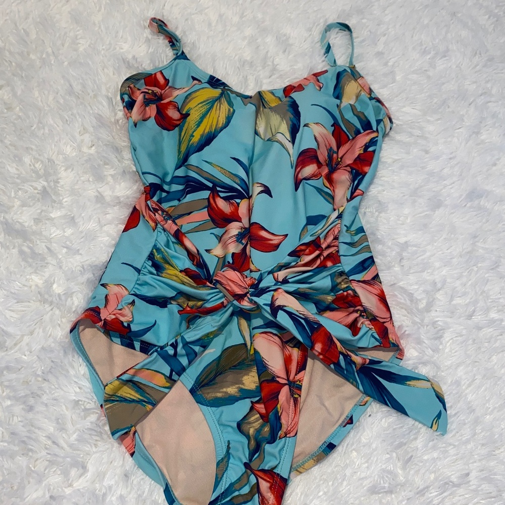 Teal Floral One Piece Swim Suit with front tie in Excellent Clean Condit… - Picture 1 of 6